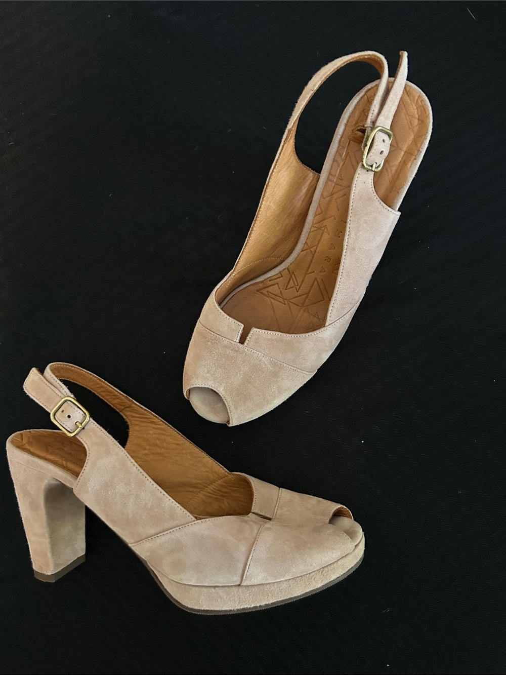 Chie Mihara beige suede peep-toe sling-back heels